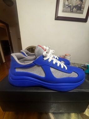 Prada Men's Royal Blue and Grey Mesh Low-Top Sneakers